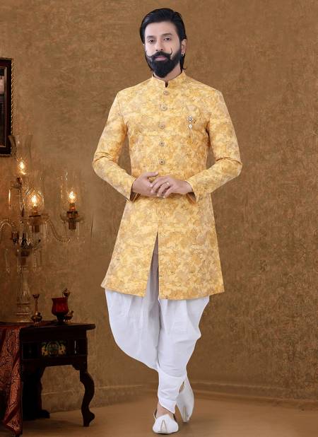 Light Yellow Colour New Printed Ethnic Wear Cotton Mens Indo Western Collection KS 1561